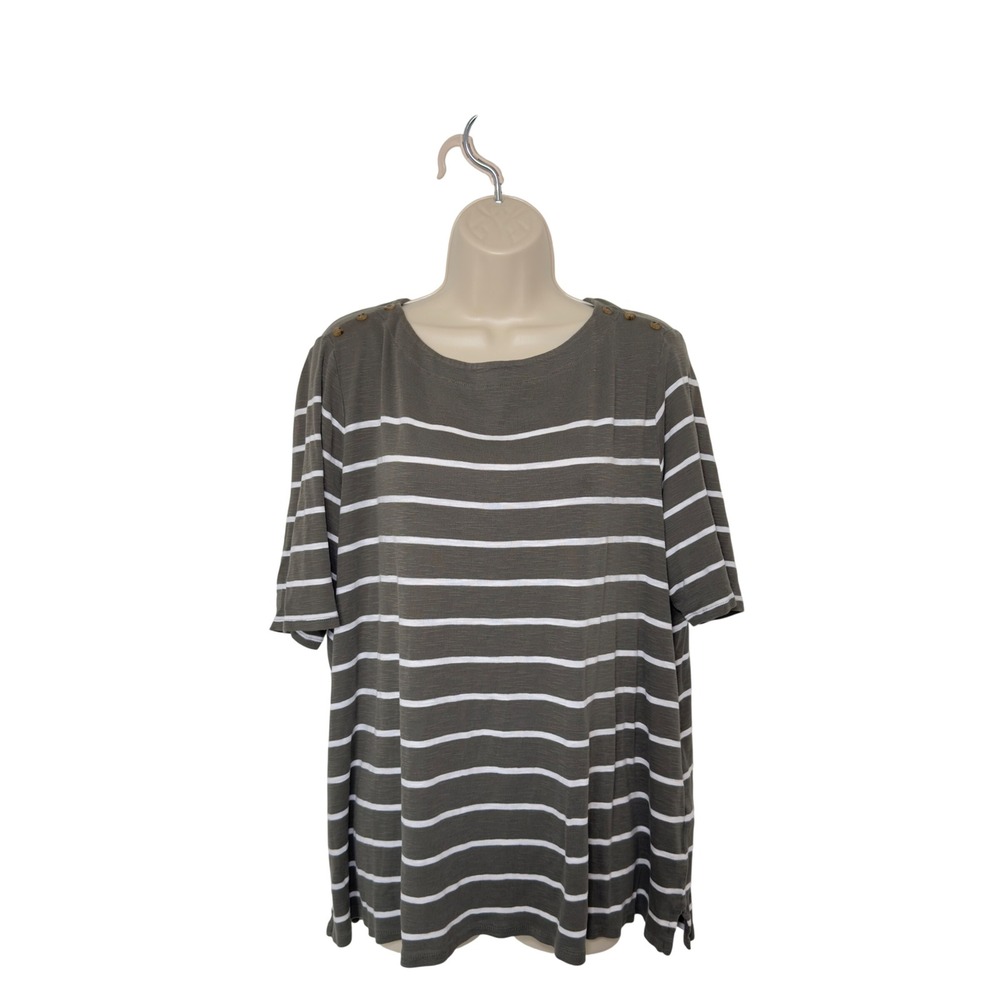 J.Jill XL Olive Green Striped Relaxed Button Detail Casual Knit Top Minimalist